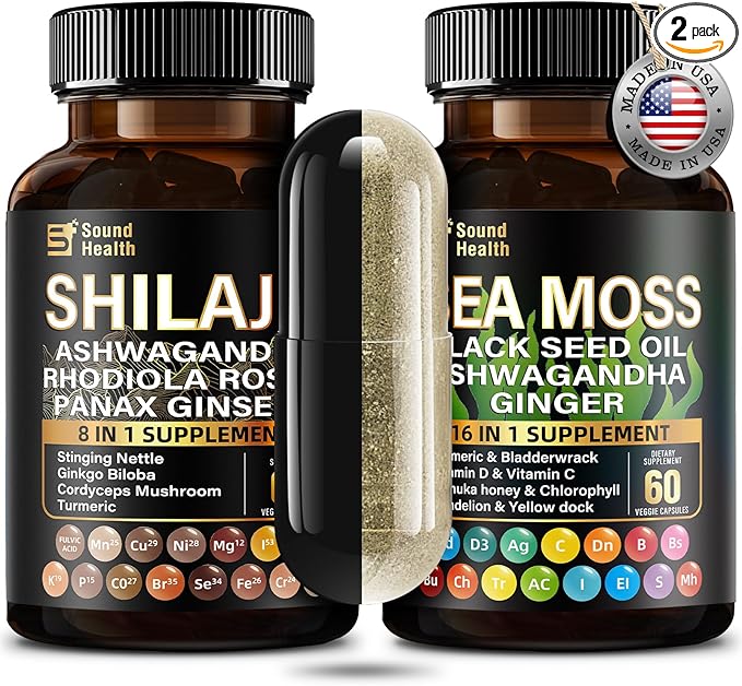 Wild Organic Irish Sea Moss and Shilajit - 8000mg Sea Moss, 10000mg Shilajit, Ashwagandha 2000mg, Ginseng, Vitamin C, Vitamin D3, Black Seed Oil - 2 Bottles of 60 Capsules