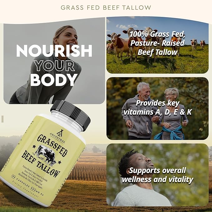 Ancestral Supplements Grass Fed Beef Tallow Capsules, 3000mg, Nourishing Kidney Fat Supplement Supports Bones, Teeth, Gums, Skin, Immune and Overall Health, Non-GMO, 180 Capsules