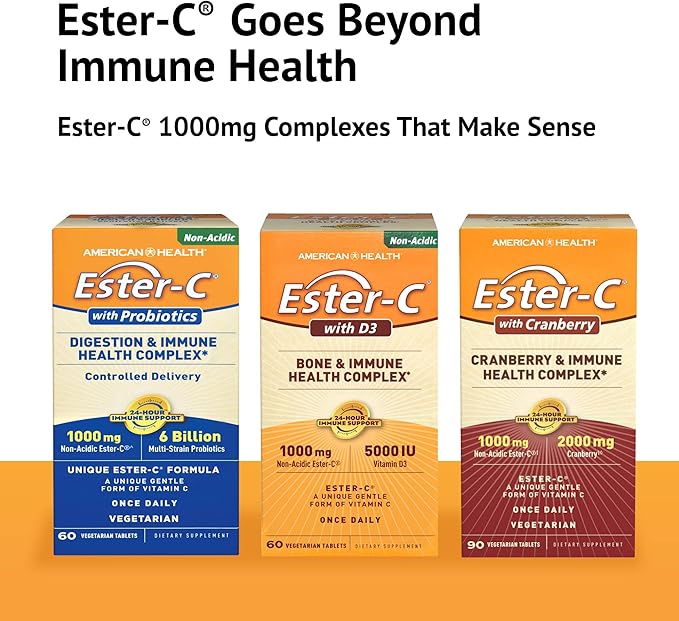 American Health EsterC with D3 Bone Immune Complex Vegetarian Tablets 24Hour Immune Support 1000 mg EsterC 5000 IU Vitamin D3 NonAcidic Vitamin C Servings, 60 Count