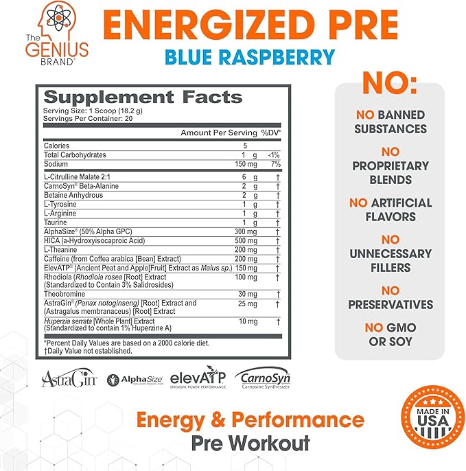 Genius Energized Pre Workout Powder – Caffeine Infused Pre-Workout Booster Supplement with Beta Alanine & Alpha GPC, No Artificial Sweeteners or Dyes - 200mg Caffeine, 20 Servings, Blue Raspberry
