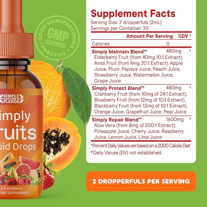 Simply Nature's Pledge - Fruit and Vegetable Supplements - Liquid Drops - Made with Whole Food Superfoods, Packed Vitamins & Minerals - Soy Free - Made in The USA