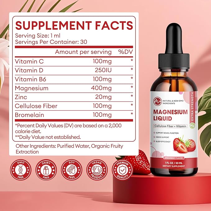 Magnesium Glycinate Liquid Drops, Magnesium Liquid Supplement with Cellulose Fiber, Bromelain, Vitamin C, D, B6, Zinc for Night, Muscle & Energy Support, Strawberry Flavor, 1 Fl Oz (Pack of 2)