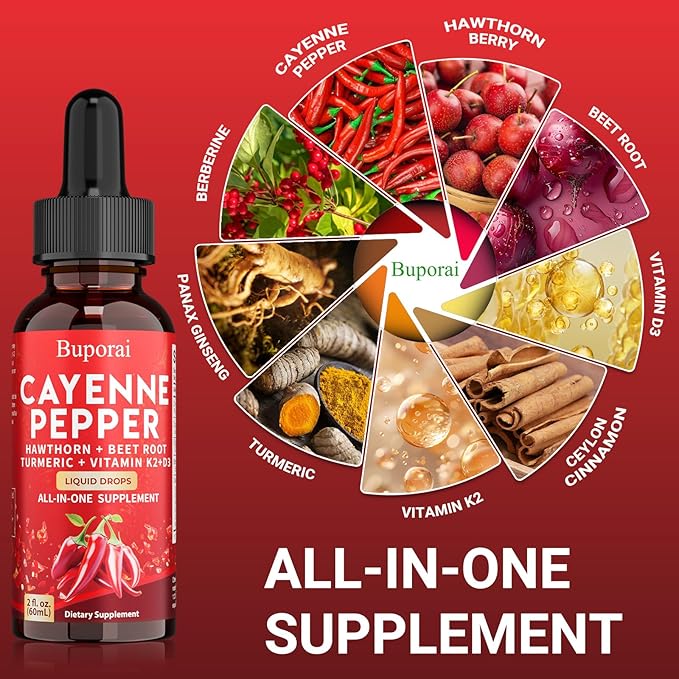 Cayenne Pepper Drops, Cayenne Pepper Extract Liquid Supplement for Overall Well-Being, 2 fl oz, Vitamin D3 K2 Beet Root Powder