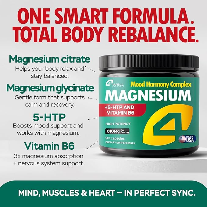 Advanced Magnesium Complex 610Mg - Magnesium Glycinate & Citrate with Vitamin B6 for 3X Absorption & 5-HTP - for Nerves, Bones, Muscles Health & Energy Support - Vegan - Non-GMO - 90 Capsules