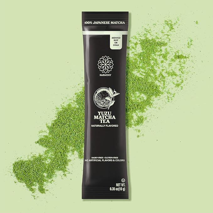 Harmony Matcha Yuzu – Premium Japanese Matcha Powder, Shade-Grown & Stone-Ground, Rich in Antioxidants & L-Theanine, Sweetened with Organic Sugar, No Preservatives, 10 Stick Packs