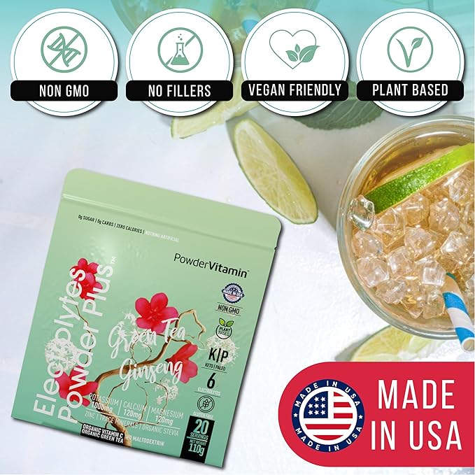 Electrolytes Powder Plus (20 Servings) Green Tea Ginseng Electrolyte Powder Keto, Sugar Free, Pink Himalayan Salt,1000mg Potassium,120mg Calcium,120mg Magnesium, Hydration Powder