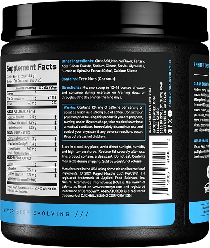 Kaged Intra-Workout Powder In-Kaged BCAAs, L-Citrulline & Beta-Alanine for Endurance 124mg Organic PurCaf Caffeine Coconut Water Powder 20 Servings Blue Raspberry