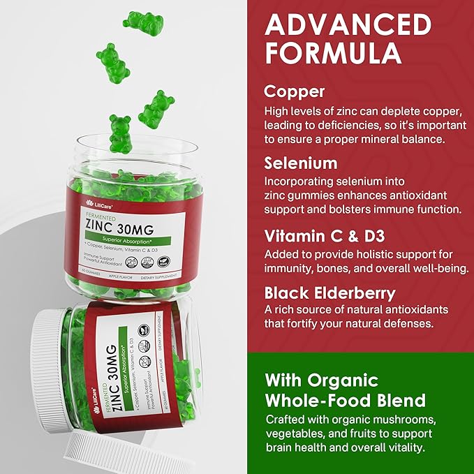 Zinc Gummies + Copper, Selenium, Vitamin C & D3, Fermented Zinc Supplements for Women and Men with Elderberry for Daily Immune Support, Powerful Antioxidant, High Absorption, Vegan, Sugar Free, 2 Pack