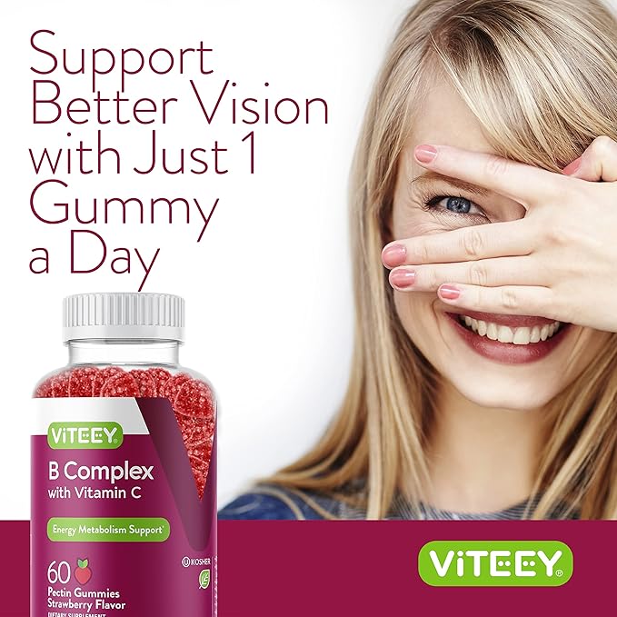 Viteey Vitamin B Complex for Adults with Vitamin C, B6, B12, Niacinamide, Folic Acid, Biotin, Calcium - Supports Energy & Metabolism - Vegan, Gluten Free, Gelatin Free - Chewable Strawberry Flavored