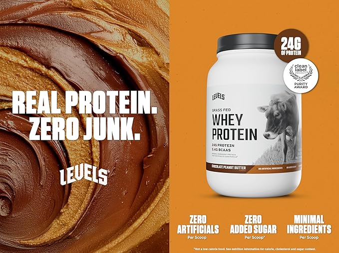 Levels Grass Fed Whey Protein Powder, No Artificials, 24G of Protein, Chocolate Peanut Butter, 2LB