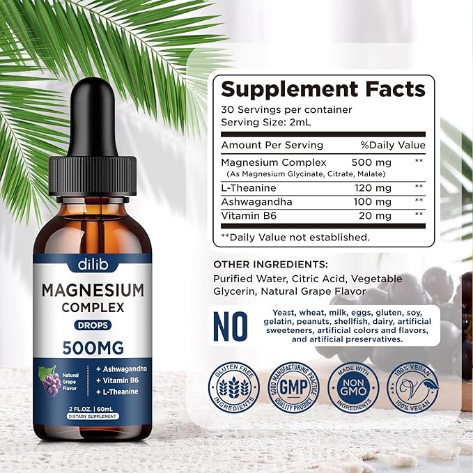 Magnesium Glycinate Liquid Drops, Magnesium Glycinate Supplement 500mg with Citrate, Malate, Ashwagandha, L-Theanine, Vitamin B6 for Sleep, Stress Relief, Bone, Muscle, Mood, Grape Flavor 2 Fl Oz