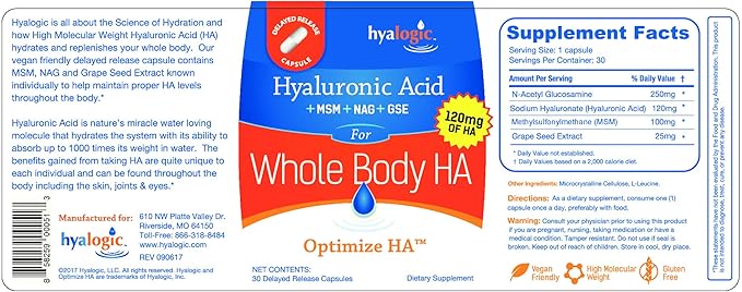 Hyalogic Hyaluronic Acid 120 mg Delayed Release Capsules | Combo Formula w/Glucosamine MSM | Support Healthy Eyes and Skin and Overall Body | Promote Healthy Skin | Non-GMO (30 Count)