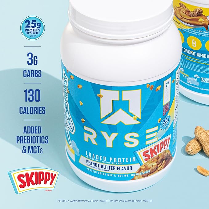 Ryse Loaded Protein Powder - Skippy Peanut Butter - 25g Whey Protein Isolate & Concentrate with Prebiotic Fiber & MCTs - Low Carb, Low Sugar, Digestive-Friendly - 27 Servings / 2 lb Tub