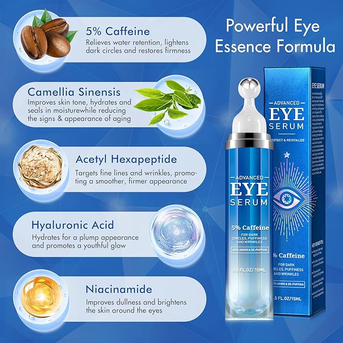 Eye Serum with Caffeine - Caffeine & Retinol Eye Cream for Dark Circles - Under Eye Cream Morning Skincare - Hyaluronic Acid and Niacinamide Eye Cream - Daily Eye Serum for Eyelids Puffiness