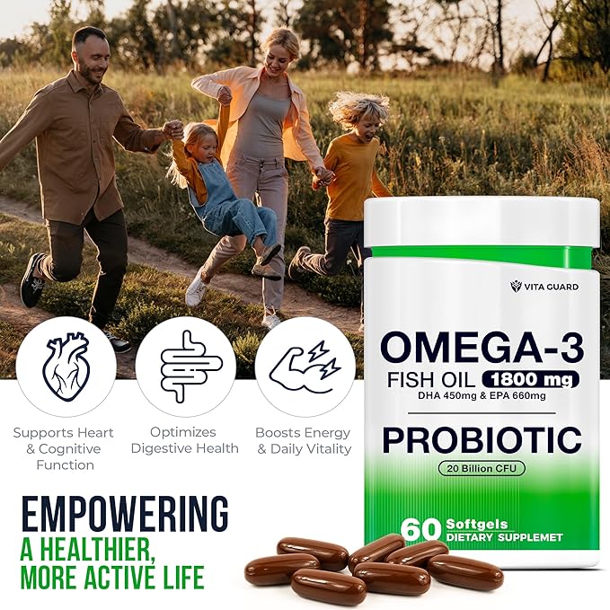 Omega-3 Fish Oil with Probiotics – 1800mg EPA & DHA for Heart, Brain & Gut Support – 20 Billion CFU, Inulin Fiber, Lemon-Flavored Burpless Softgels