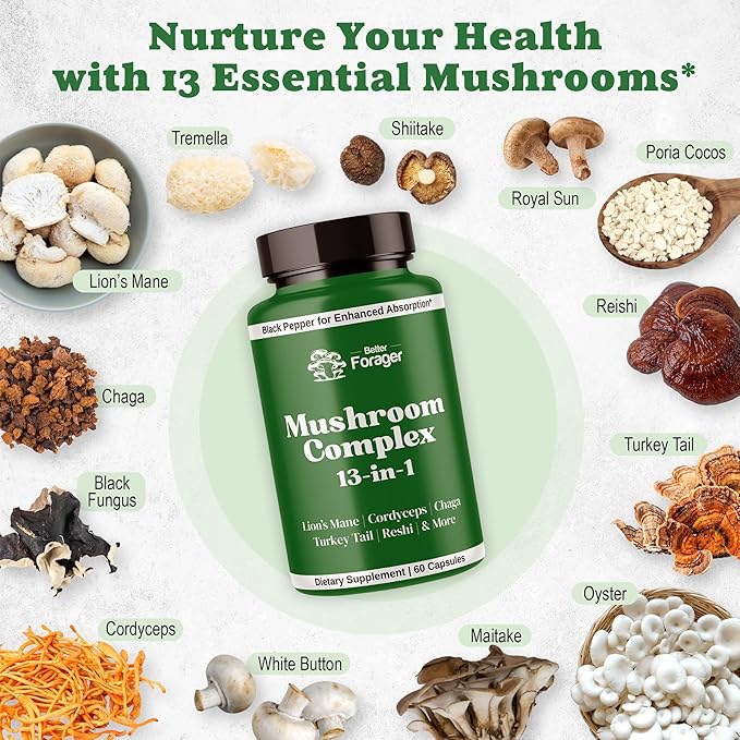Mushroom Complex Capsules, 13-in-1 Mushroom Supplement, Lion's Mane, Reishi, Cordyceps, & More, Promotes Focus, Clarity, & Memory, Extract Supplement, 1 Month Supply, 60 Count