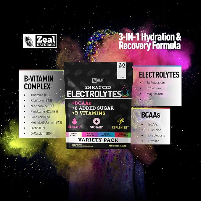 Enhanced Electrolyte Powder Stick Packs (Variety Pack - 20 Packets) w 0 Sugar +BCAAs +B-Vitamins Electrolyte Supplement w Potassium Zinc & Magnesium for Hydration - Keto Electrolytes