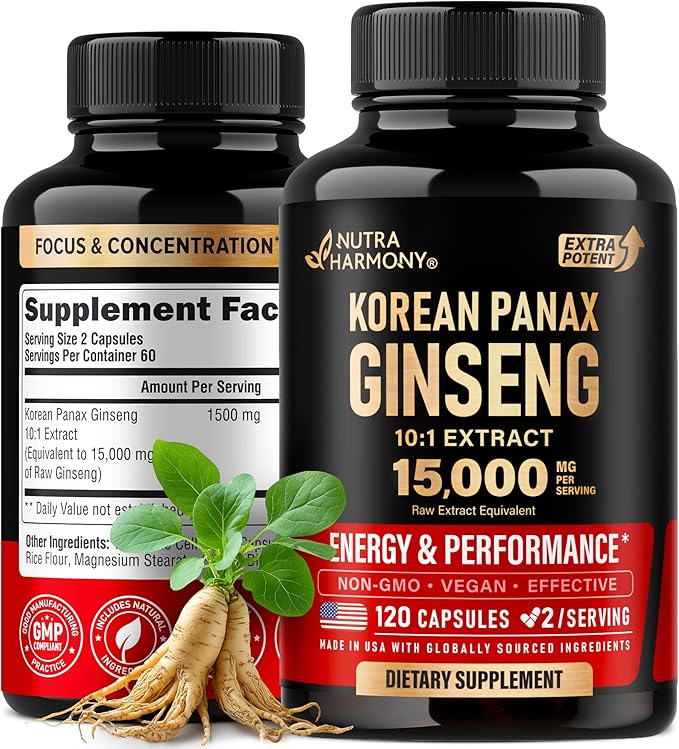 Panax Ginseng 15,000 mg - Red Korean Ginseng Supplement for Men - Extra Strength 10:1 Extract - Energy, Focus, Productivity & Performance - Natural & Vegan - Made in USA - 120 Capsules, 2 Month Supply