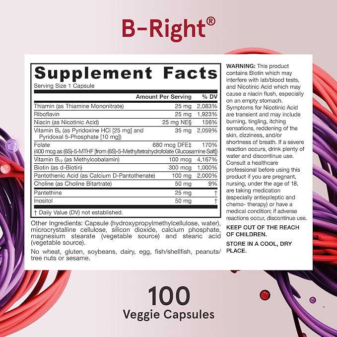 Jarrow Formulas B-Right,Optimized B Complex Featuring VIT B1,B2,B5,B6,B12 and B9 to Support Cellular Energy,Immune Health and Stress Management,100 Veggie Caps,Up to a 100 Day Supply, Pack of 12