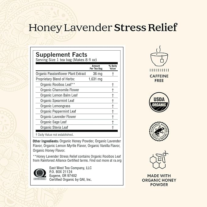 Yogi Tea Honey Lavender Stress Relief Tea - 16 Tea Bags per Pack (6 Packs) - Organic Chamomile Lavender Tea - Includes Lemon Balm, Lemongrass, Spearmint Leaf, Peppermint Leaf, Honey Flavor & More