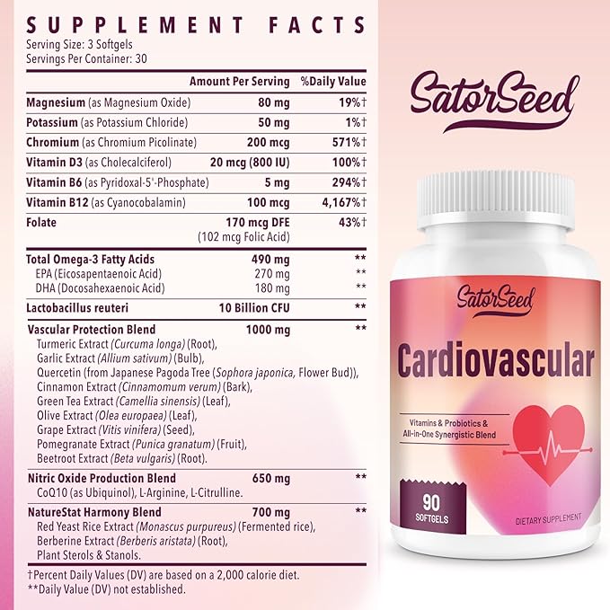 Cardiovascular Supplement 3000mg – Vitamins, Probiotics, Omega-3, and CoQ10 All-in-One Synergistic Blend for Adults – 90 Softgels