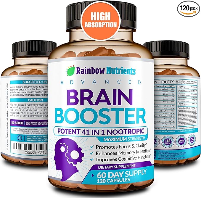 40-in-1 Brain Booster Supplements for Memory, Focus, Clarity, Energy, Performance | Natural Nootropic Brain Support Supplement with DMAE, Bacopa Monnieri & More | For Men & Women | 120 V Capsules
