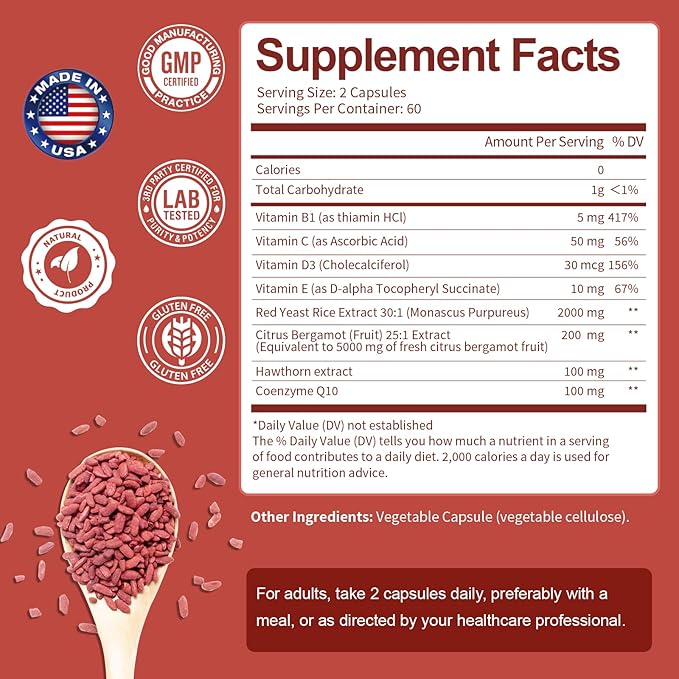 (2 Packs) Red Yeast Rice with CoQ10 Supplement - Max Strength Red Yeast Rice 2,000 mg Capsules with CoQ10 100mg Plus Citrus Bergamot - Niacin-Free, Cholesterol & Energy Supplement 3rd-Party Tested