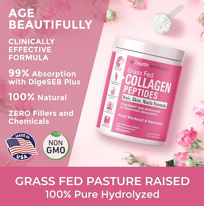 Hydrolyzed Collagen Peptides Powder - Skin, Hair, Nails & Joint Support, Grass-Fed Collagen Enhanced with Probiotics, Digestive Enzymes, Types I & III - Non-GMO, Gluten-Free, Unflavored, 35 Servings