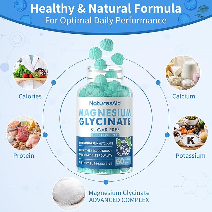 Magnesium Glycinate Gummies 1000mg - Sugar Free Magnesium Potassium Supplement with Vitamin D, B6, CoQ10 for Calm Mood & Sleep Support - 60 Blueberry Gummies -1 Pack