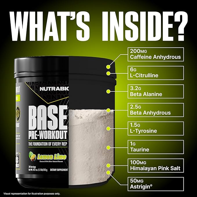 NutraBio Base Pre-Workout Powder 200mg Caffiene, Sustained Energy, Focus, Endurance, Pump, Sugar Free, Clean Preworkout for Men and Women - Beta Alanine, L-Tyrosine, 30 Servings - Lemon Lime