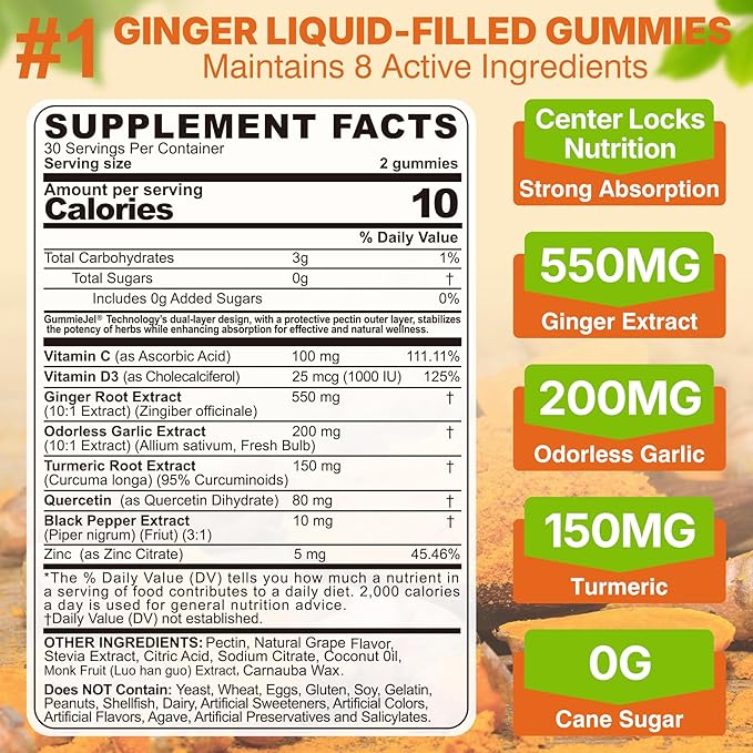Ginger Chews Supplement Gummies for Nausea, Stomach Relief - Sugar Free with Turmeric & Odorless Garlic, Quercetin, Vitamin D3, Ultra Absorption for Digestive Support - 60 Count (Pack of 1)