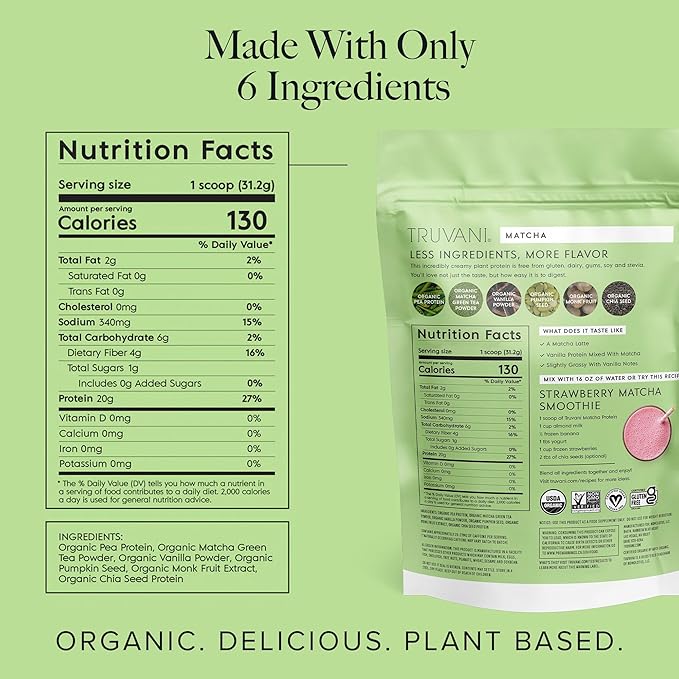 Truvani Vegan Pea Protein Powder | Matcha | 20g Organic Plant Based Protein | 20 Servings | Keto | Gluten & Dairy Free | Low Carb | No Added Sugar