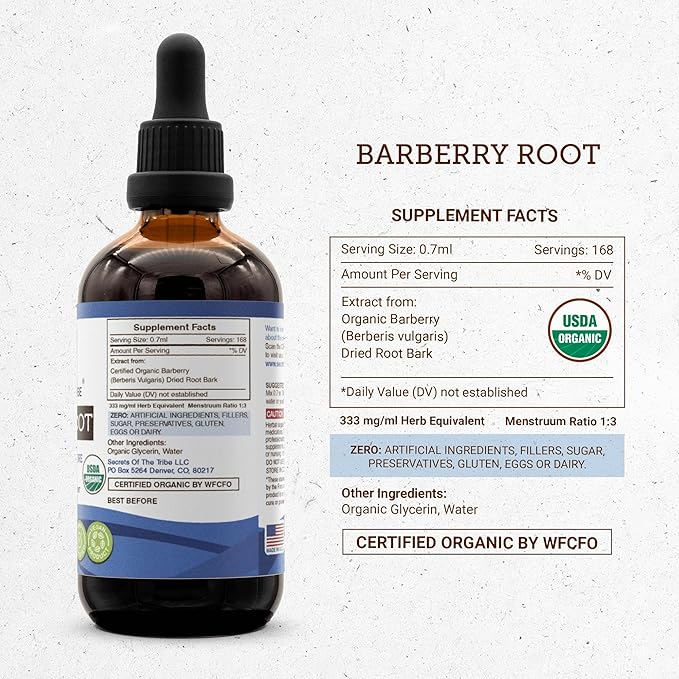 Secrets of the Tribe Barberry Root USDA Organic | Alcohol-Free Extract, High-Potency Herbal Drops | Made from 100% Certified Organic Barberry (Berberis vulgaris) Dried Root Bark (4 oz)