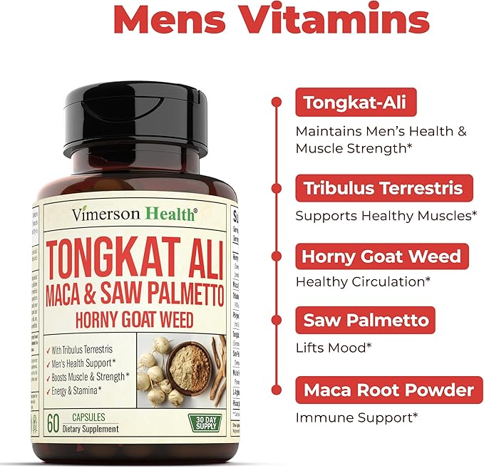 Tongkat Ali & Hornygoatweed for Men with Maca Root Powder, Saw Palmetto for Men and Tribulus Terrestris - Healthy Testosterone Support and Balanced Energy Supplements - 60 Premium Tongat-Ali Capsules