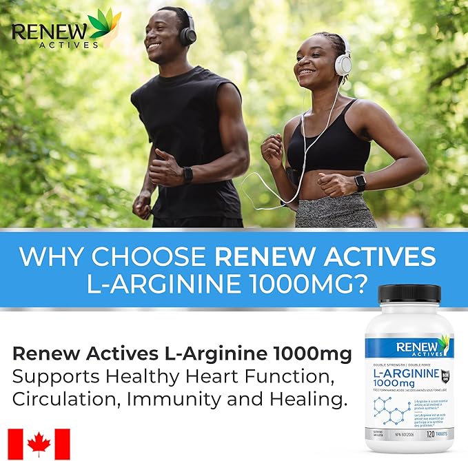 Renew Actives L-Arginine Supplement 1000MG for Serving - Strength & Endurance, Essential for Protein Synthesis & Muscle Function, Physical Performance Booster - Made in Canada - 120 Tablets