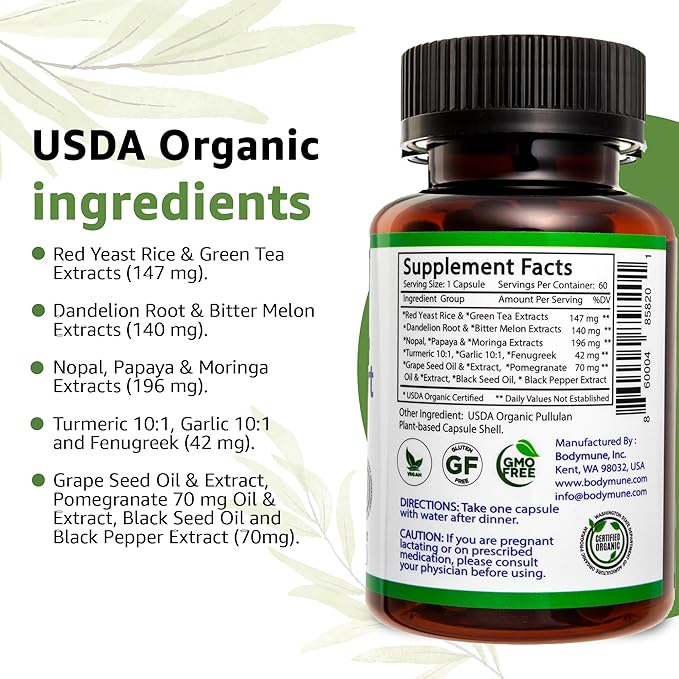 CholesterolSupport, 60-Day Supply, w/Extracts of Red Yeast Rice Dandelion Green Tea Moringa Papaya & More with Oils, USA-Made USDA Organic Superfood, All-Natural Non-GMO Vegan Gluten-Free