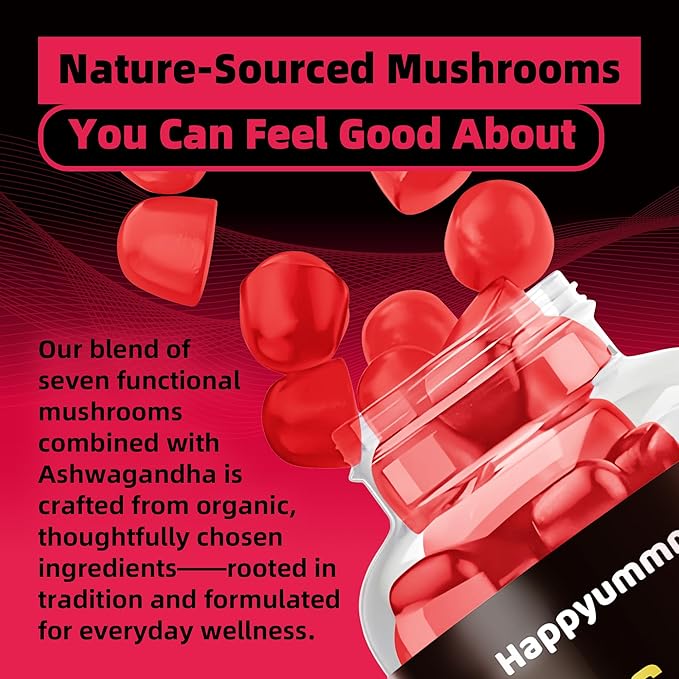 Mushroom Gummies - 10x Mushroom Supplement with Ashwagandha and Lions Mane (90 Chews) Nootropic Brain Supplement, Immune Support & Stress Relief-Raspberry Flavor