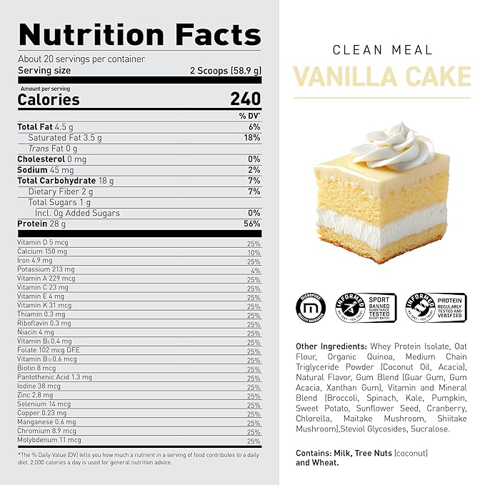 Kaged Clean Meal Replacement Shake with Whey Protein Isolate, Vanilla Cake| Clean Carbs, MCT Oil Fats, Organic Vitamins and Minerals, 20 Servings