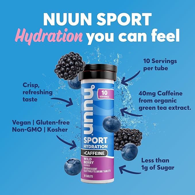 Nuun Sport Electrolyte Tablets with Caffeine from Green Tea Extract, Magnesium, Calcium, Potassium, Chloride & Sodium, Gluten Free & Vegan, Wild Berry, 8 Pack (80 Servings Total)