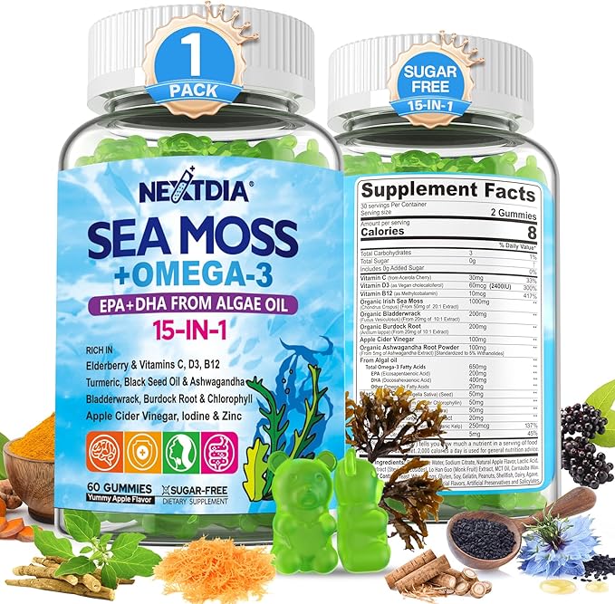 Sea Moss Gummies + Omega-3 Vegan for Man Women, Organic Irish Seamoss Supplement w/Ashwagandha, Turmeric, Elderberry, Vitamins D3, B12, C, Burdock Root, Bladderwrack, for Brain, Energy, Immunty, 60Cts