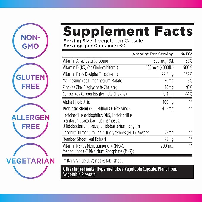 Livingood Daily Vitamin D + Immune Complex, Made with Vitamin D3 K2, Zinc, Magnesium, Vitamins E & A and Probiotics, Immune Support Supplement, Advanced Absorption, Gluten Free, Non GMO, 60 Capsules
