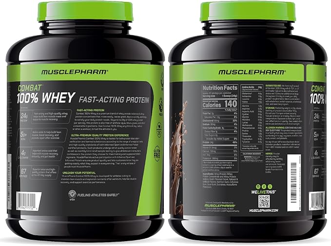 MusclePharm Combat 100% Whey Protein Powder, Chocolate Milk, Fast Recovery & Muscle Gain with Whey Protein Isolate, High Protein Powder for Women & Men, Gluten Free, 5 Lb, 70 Servings