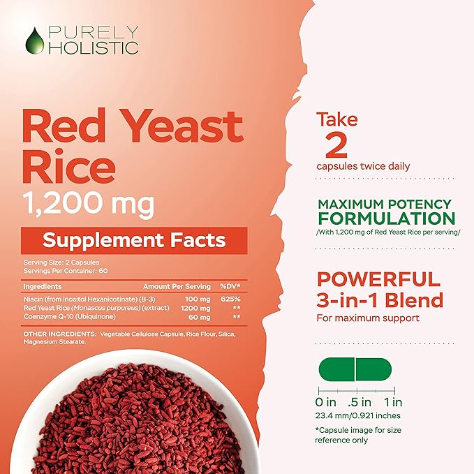 Red Yeast Rice 1200mg with CoQ10 Supplement & Flush Free Niacin 120 Extra Strength Vegetarian Capsules – Advanced Healthy Heart Formula - Non-Irradiated, Citrinin Free