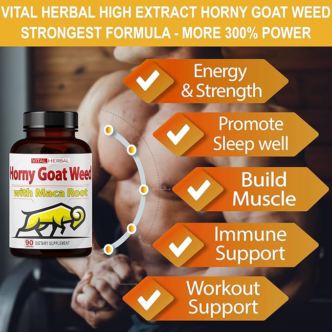 Vital Herbal Horny Goat Weed Capsules for Maximum Strength with Maca Root Tribulus Ashwagandha Tongkat Ali Panax Ginseng for Men Women, Boost Energy (150 Count (Pack of 1))