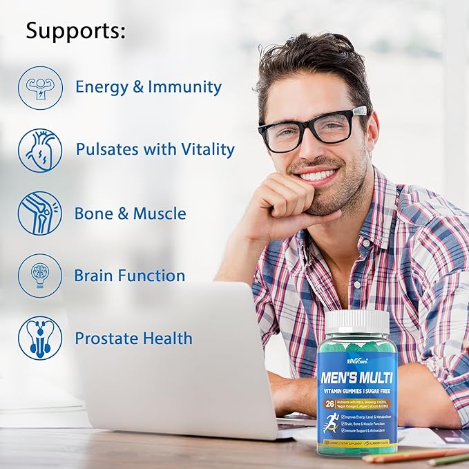 Methylated Multivitamin for Men Gummies, Vegan Omega 3, CoQ10, Zinc, Vitamin A C D3 K2 E B Complex, Calcium, Magnesium, Lycopene - Liposomal Vitamins - Energy, Immune, Bone, Brain, Sugar Free, 120 Cts