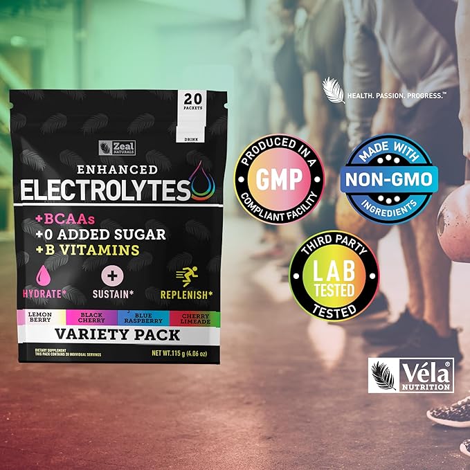 Enhanced Electrolyte Powder Stick Packs (Variety Pack - 20 Packets) w 0 Sugar +BCAAs +B-Vitamins Electrolyte Supplement w Potassium Zinc & Magnesium for Hydration - Keto Electrolytes