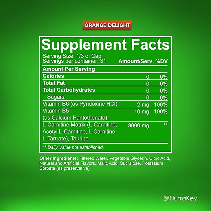 NutraKey L-Carnitine 3000mg, No Sugar, Gluten Free, Turn Into Fuel, (Orange Delight) 31 Servings