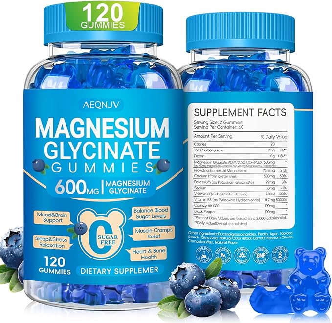 Magnesium Glycinate Gummies 600mg, Chewable Sugar Free Potassium Gummies with Magnesium Glycinate, Vitamin D, B6, and CoQ10 for Calm Support & Sleep for Adults, 60 Days Supply