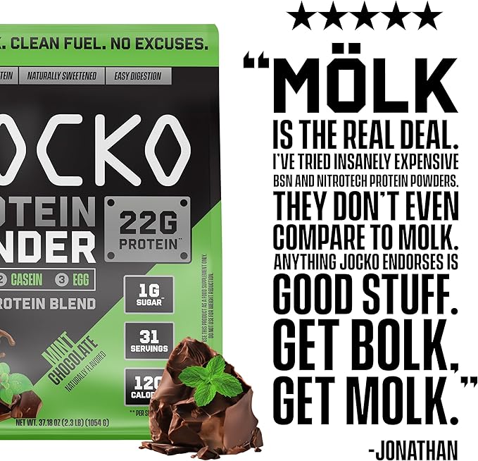 Jocko Fuel Mölk Whey Protein Powder 22g Low Sugar Monk Fruit Blend - Muscle Recovery & Growth, Packaging May Vary (31 Servings, Mint Chocolate)
