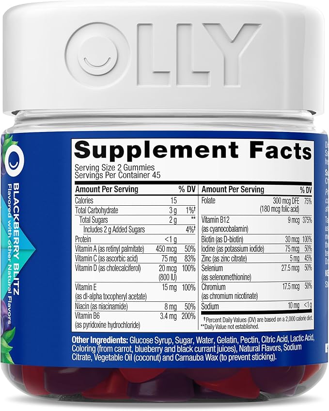 OLLY Men's Multivitamin Gummy, Vitamins A, C, D, E, B, Zinc, Blackberry Flavor, 45 Day Supply - 90 Count